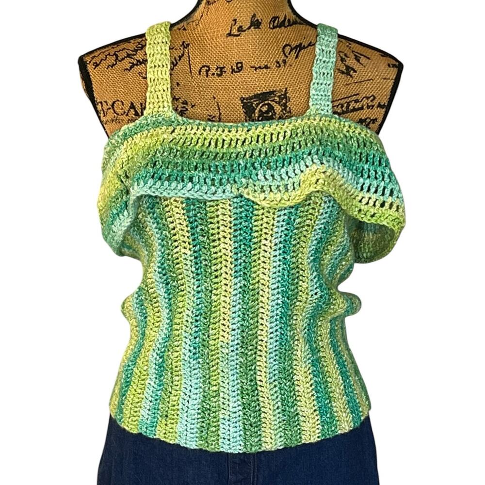 Handmade Blue Green Striped Crochet Ruffle Bodice Tank Top Women’s M
